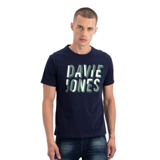 เสื้อคู่รัก HH DAVIE JONES เสื้อยืดพิมพ์ลายโลโก้ สีกรม Logo Print T-Shirt in navy LG0009NV คอกลม,n8