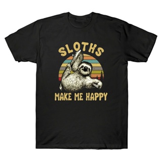 มีเสื้อยืดอินเทรนด์ที่มีจําหน่าย Sloths ทําให้ฉันมีความสุขตลกวินเทจบุรุษเสื้อยืดผ้าฝ้ายสีดําแขน 0Y8