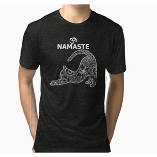 เสื้อคนอ้วน - ผู้ชาย tshirt oversize แมวโยคะ Namaste Om ตลกโยคะเสื้อยืดไตรเบลนด์เสื้อยืดเสื้อยืดเสื