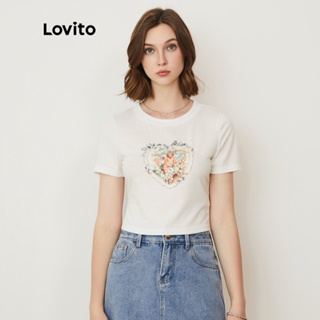 เสื้อยืด เสื้อเบลาส์ เสื้อยืดผู้หญิง - Lovito ลําลองเทวดารูปแบบพืชเสื้อยืดพื้นฐาน L24AD095 (สีขาว)
