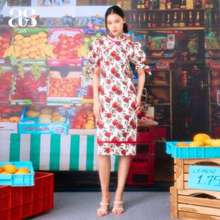 [ASV Exclusive 4/22] Pomegranate Print Dress เดรสสั้น คอจีน แขนพอง แต่งดีเทลสแกลลอป ผ้าลายผลไม้