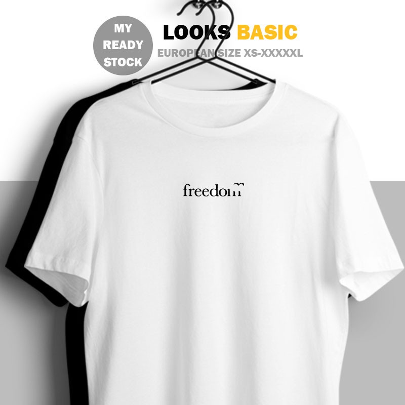 เสื้อยืด-basic-tee-freedom-ready-stock-unisex-cotton-short-sleeve-loose-t-shirt-women-men-fashion-text-graphic