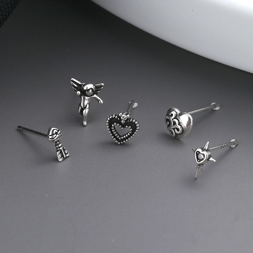 ภาพหน้าปกสินค้า5pcs/set Vintage Sterling Silver Heart Angel Cross Stud Earrings Goth Aesthetic Piercing Stud Earrings Party Punk Jewelry Gifts