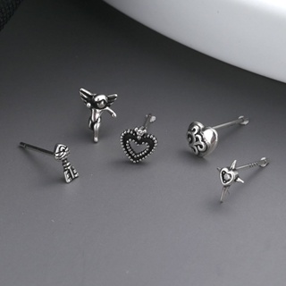 สินค้า 5pcs/set Vintage Sterling Silver Heart Angel Cross Stud Earrings Goth Aesthetic Piercing Stud Earrings Party Punk Jewelry Gifts