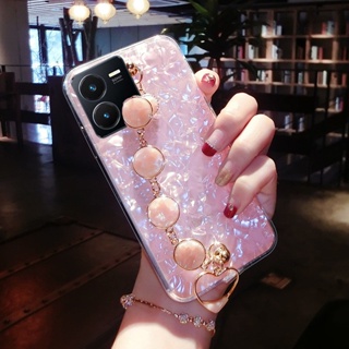 เคสโทรศัพท์มือถือ VIVO Y35 Y16 Y22 Y22S Y02S Y77 V25 Pro 5G V25e 4G Phone Cell Case with Lovely Chain Luxury Bling Cute Smartphone Casing Shell VIVOY35 VIVOY22 VIVOV25 V25Pro Pink White Back Cover