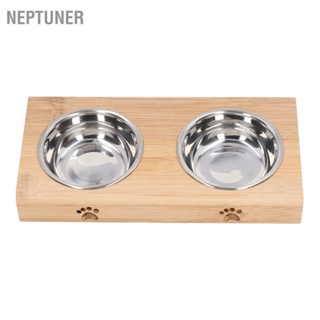 Neptuner ชามให้อาหารสุนัข แมว สเตนเลส กันสนิม ทําความสะอาดง่าย พร้อมขาตั้งไม้ไผ่