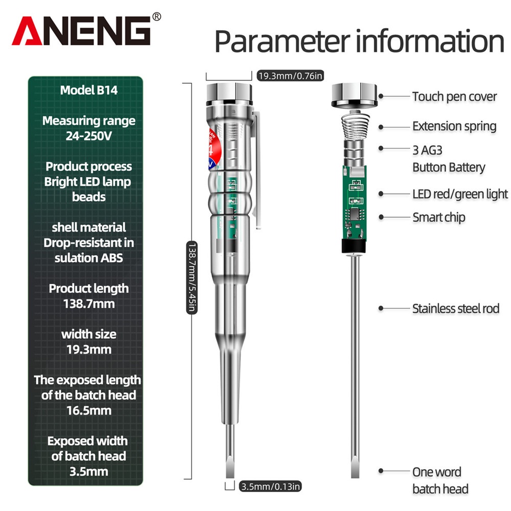 aneng-b14-เครื่องทดสอบไฟฟ้า-24-250v-พร้อมไฟแสดงสถานะ-เสียง-และไฟเตือน-ปากกาทดสอบ