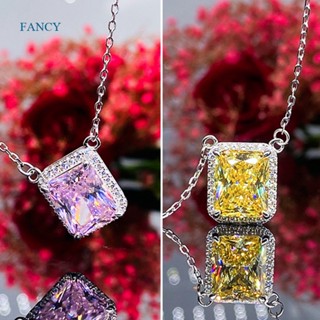 Fancyqube สร้อยคอ จี้เพทาย ทรงสี่เหลี่ยม สีชมพู สีเหลือง เรียบง่าย เครื่องประดับ สําหรับผู้หญิง งานแต่งงาน