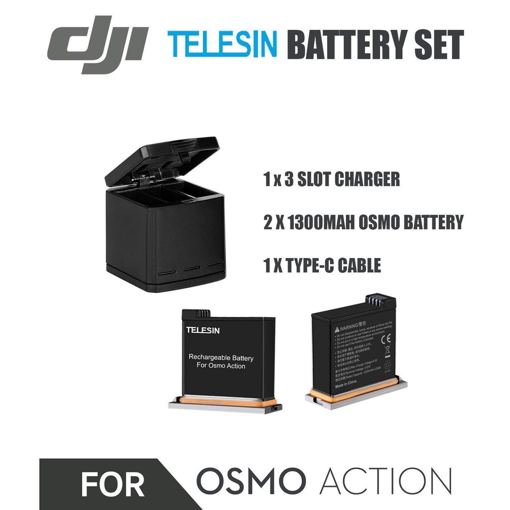 แบตเตอรี่เสริม-dji-osmo-action-2-pcs-1-แท่นชาร์จ-3ช่อง-type-c-cable-battery-set-waterproof-portable-charging-box