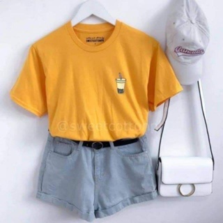 เสื้อยืดสีขาว เสือยืดผู้ชาย ชานม tshirts ปรับแต่งคําสั่ง tees unisex คุณภาพสูง BP] เสื้อคู่วินเทจ