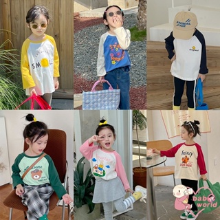 Childrens boys and girls cartoon long-sleeved T-shirt top Korean style color matching loose casual bottoming top