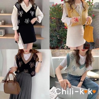 Chili_k❤️k❤️*พร้อมส่ง*เสื้อกั๊กไหมพรม ผู้หญิง แขนกุด คอวี แฟชั่นสไตล์เกาหลีสุดๆ ตัดขอบสีสวย สุดชิค ลายใบโคลเวอร์#13056