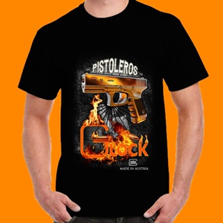 เสื้อสาวอวบ เสื้อยืดวินเทจ เสื้อยืดผู้ชาย Pistoleros สีดํา Glock 19 เสื้อออสเตรียสูง 3D =1B เสื้อคู่