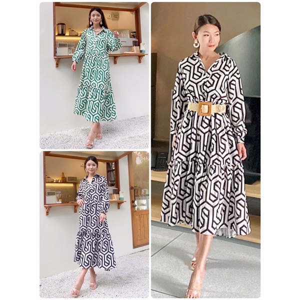 maxi-dress-เดรส-ยาว-คอปก-แขนยาว-ลายกราฟฟิก-กระดุมหน้า-ใส่กับ-เข็มขัด-ได้อารมณ์-vintage