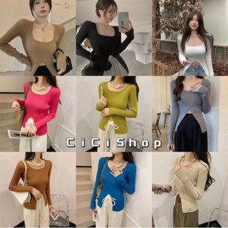 Cicishop(M208)เสื้อไหมพรมแขนยาวคอกลมดีเทลแหวกกลางชายดีไซน์เรียบแต่โคเรียมาก