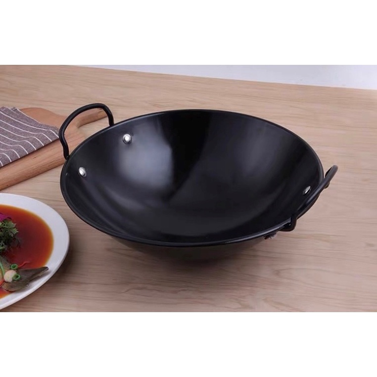 กระทะเคลือบ-อีนาเมล-2-หู-กระทะเคลือบ-34-ซม-enamel-wok-กระทะเหล็ก-กระทะเหล็กเคลือบ2หู