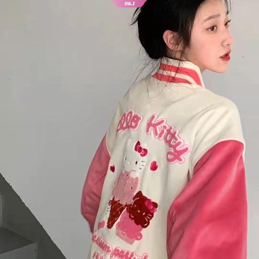 เสื้อแจ็กเก็ตเบสบอล-ปักลาย-hello-kitty-y2k-สีชมพู-หรูหรา-แฟชั่นสําหรับผู้หญิง-วัยรุ่น