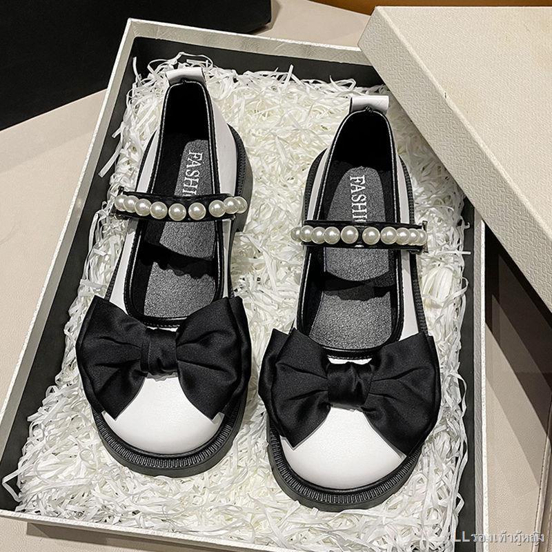 spot-hot-sale-รองเท้าแมรี่เจนฝรั่งเศสผู้หญิง-2022-ใหม่โบว์มุกกับกระโปรงรองเท้าหนังขนาดเล็ก