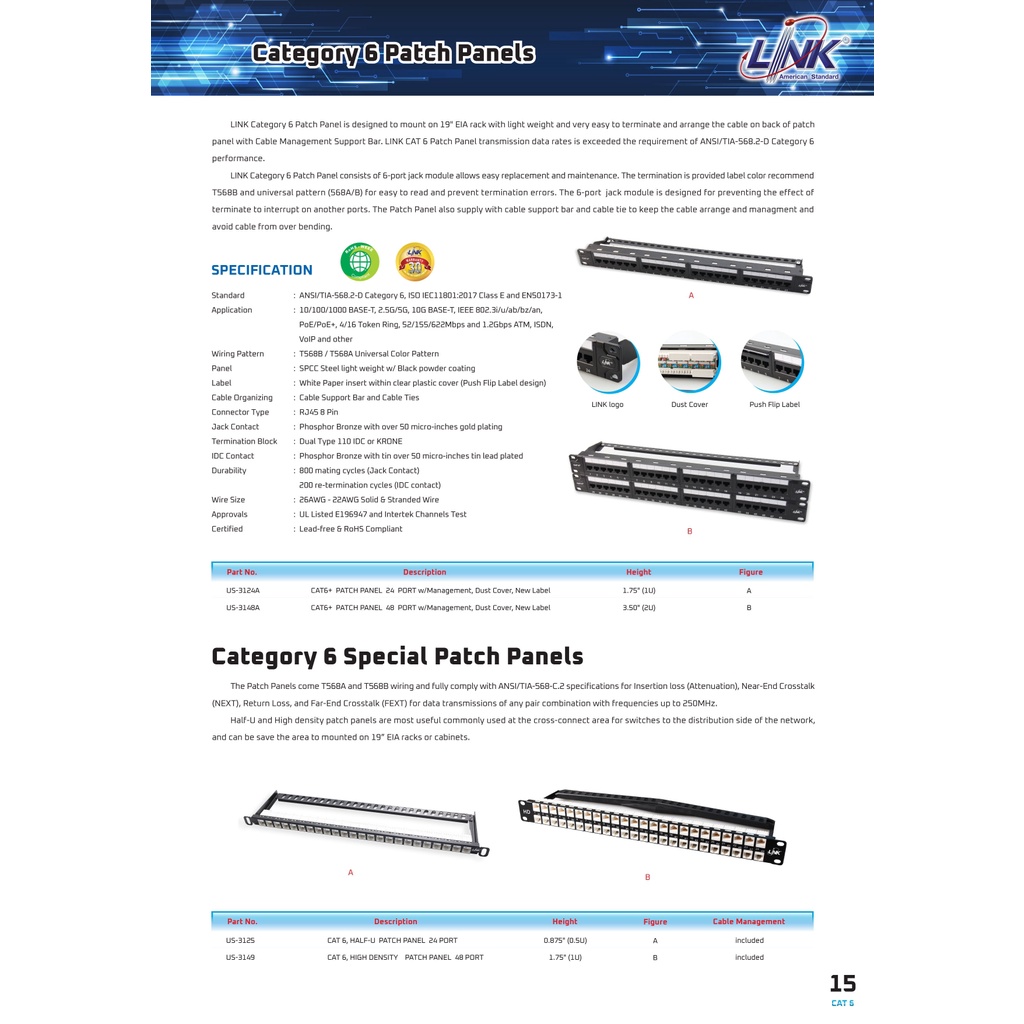LINK Patch Panel 24 Port CAT6 แผงกระจายสายแลน รุ่น US-3124A BY N.T ...