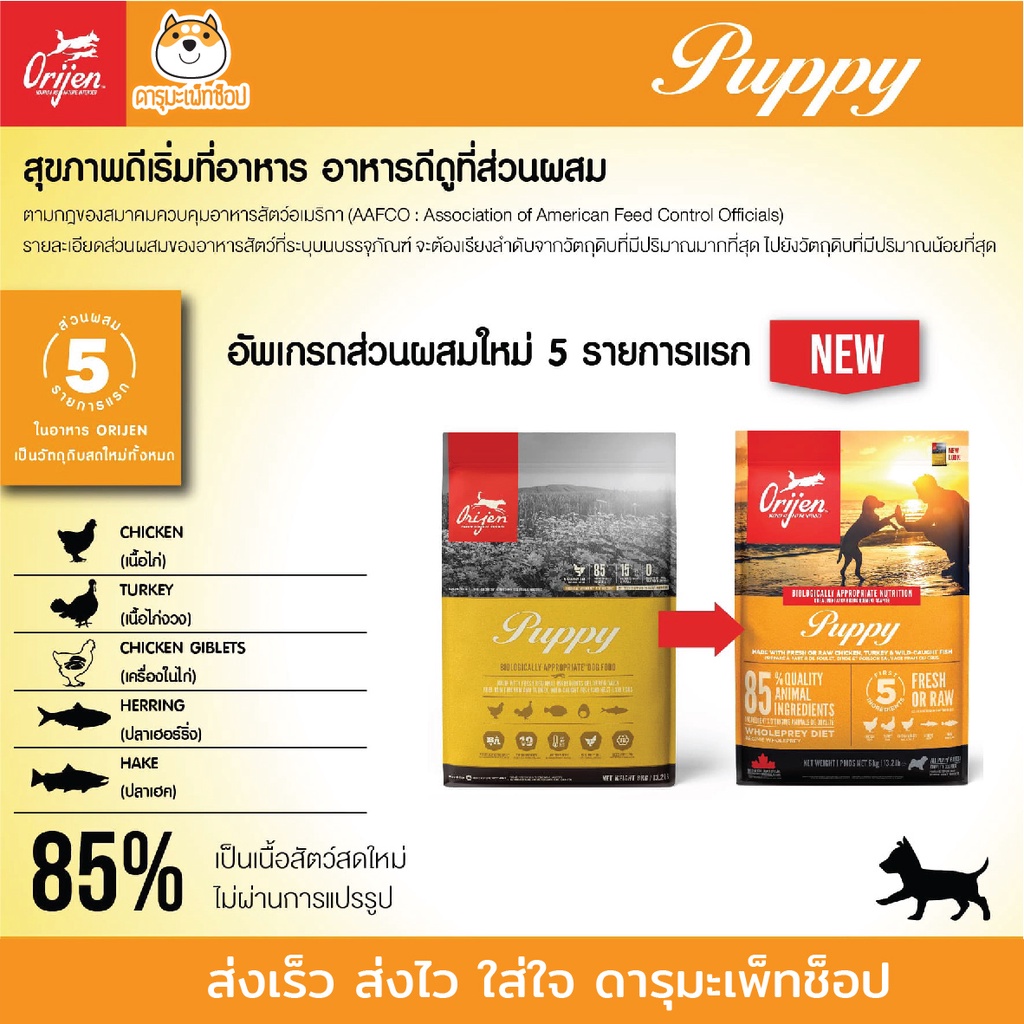 สูตรใหม่-ลูกสุนัข-ขนนุ่ม-โครงสร้างแน่น-orijen-puppy-โอริเจน-อาหารเม็ดสุนัขระดับรางวัลชนะเลิศ-สูตรลูกสุนัข-11-4kg