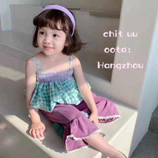 【เสื้อผ้าเด็กผู้หญิง】ชุดเสื้อสายเดี่ยว และกางเกง ลายสก๊อต สีม่วง สไตล์เกาหลี แฟชั่นฤดูร้อน สําหรับเด็กผู้หญิง 2023