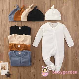 Babygarden- ชุดรอมเปอร์แขนยาว คอกลม สีพื้น พร้อมหมวก สําหรับเด็ก 0-24 เดือน