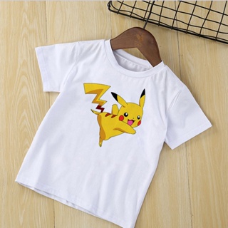 เสื้อสีขาว เสื้อยืดผู้หญิง บางใส่สบายๆเสื้อยืดแขนสั้น พิมพ์ลาย Pokemon GO Pikachu น่ารัก สําหรับเด็ก