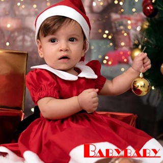 Babybaby-เด็กวัยหัดเดิน เด็กผู้หญิง คริสต์มาส แขนสั้น ชุดเดรสคอตุ๊กตา พร้อมเข็มขัด และหมวก