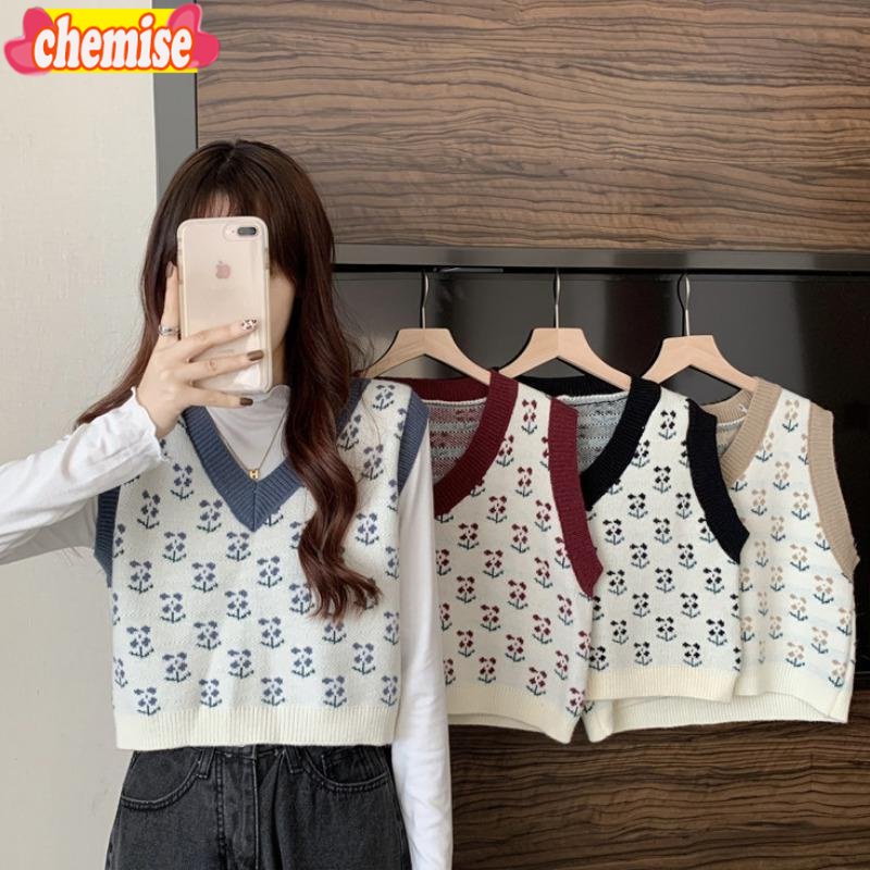 chemisegrace-พร้อมส่ง-เสื้อกั๊กไหมพรมเกาหลี-เสื้อกั๊กผ้าถัก-คอวี-ลายดอกไม้-แบบสวมหัว-น่ารักสุดๆจ้า-ทรงหลวม-23165