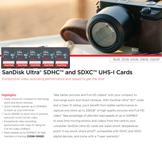 ภาพขนาดย่อของภาพหน้าปกสินค้าSanDisk Ultra SD Card Class10 32GB/64GB/128GB Speed 100 MB/s (SDSDUNR) SDHC-SDXC เมมโมรี่การ์ด สำหรับ SDCARD กล้องมิลเลอร์เลส DSLR Mirrorless ประกัน 7ปี จากร้าน sjcam_officialstore บน Shopee ภาพที่ 2