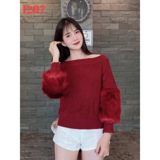 AL-1287#เสื้อคลุมไหมพรม  เนื้อหนานุ่ม ไม่คัน สวดใส่สบาย ทรงเปิดไหล่นิดๆ แขนตกแต่งขนมิ่งแบบพ่องๆ