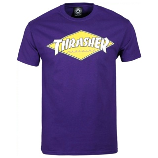 เสื้อวินเทจผญ เสื้อยืดสีขาว ออกแบบ Thrasher เพชรสีม่วงไลฟ์สไตล์สเก็ต Stree Cool Tees ของขวัญแฟน ^G^