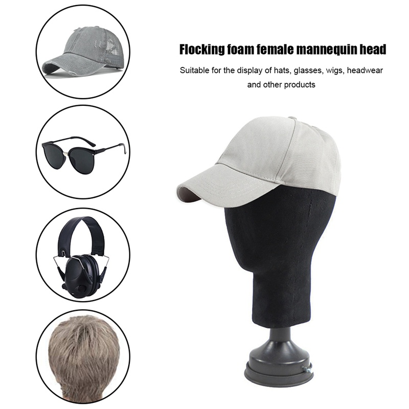 flocking-foam-mannequin-head-รุ่นอุปกรณ์ถ่ายภาพผู้ใหญ่นางแบบหัวแม่พิมพ์วิกผมแว่นตาหมวกแสดงผู้ถือสีเทา
