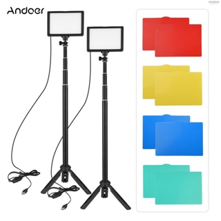 Andoer ชุดไฟวิดีโอ USB LED 2 ชิ้น 3200K-5500K ลูกปัด 120 ชิ้น หรี่แสงได้ 14 ระดับ พร้อมขาตั้งกล้อง 148 ซม. 58 นิ้ว 5 ชิ้น สีขาว แดง เหลือง เขียว B