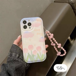 เคสลายดอกไม้ เคสแถมสาย เคสแถมสายห้อย เคสมือถือ 🌷ท้องฟ้าชมพูทิวลิปนูนเงา+สาย