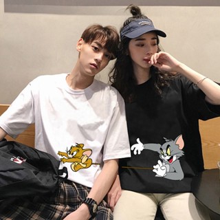 เสื้อขาว หนาน่ารักเสื้อยืดแขนสั้น พิมพ์ลายกราฟฟิคแมว และหนู Tom and Jerry สไตล์เกาหลี สําหรับคู่รัก