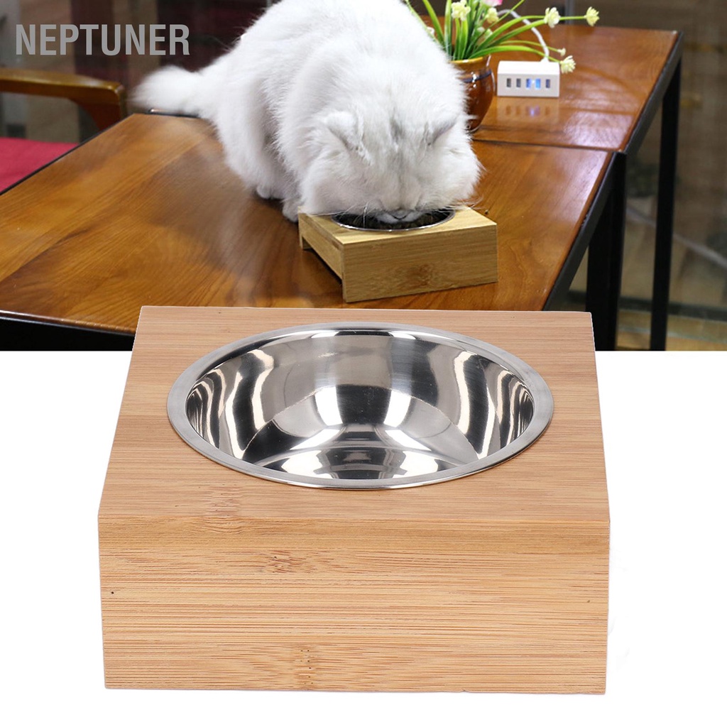 neptuner-ชามใส่อาหารสเตนเลส-พร้อมขาตั้งไม้ไผ่-กันลื่น-สําหรับสัตว์เลี้ยง-สุนัข-แมว