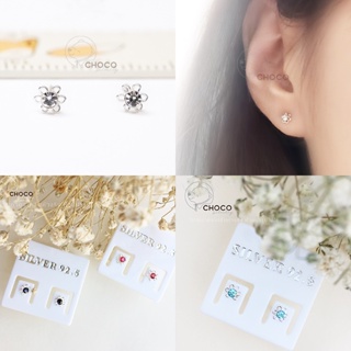 (S925) ต่างหูดอกไม้เงินแท้เพชร CZ Flower Sterling Silver Stud Earring ต่างหูมินิมอล minimal