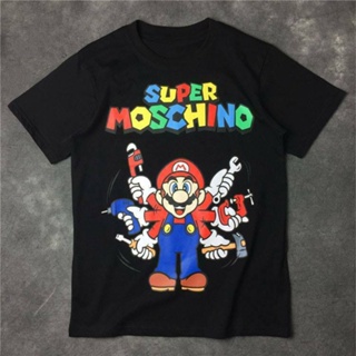 เสื้อยืดสีขาว เสื้อคนอ้วน เสื้อยืด พิมพ์ลาย Super Moschino Mario สําหรับผู้ชายเกาหลีน่ารัก เสื้อทหาร