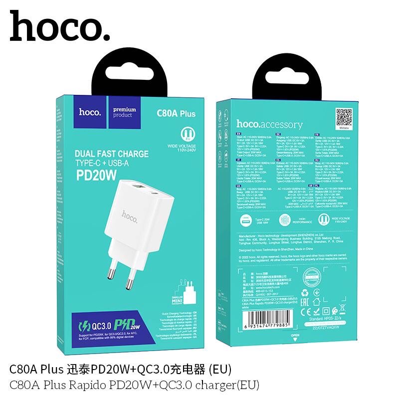 Hoco C80A Plus PD+QC3.0 Charger 20W (EU)หัวชาร์จเร็ว Type-C+USB 20W ...