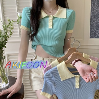 AKIFOON 🌷พร้อมส่ง🌷 39087&amp; เสื้อครอปแขนสั้นคอปกผ้าไหมพรม มีดีเทลกระดุม สีหวานโทนพาสเทล งามน่ารักมากกกกก