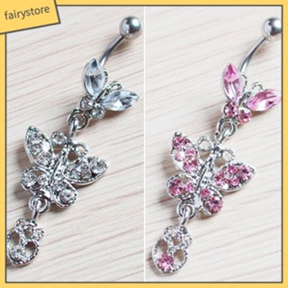 Fa* แหวนแฟชั่นจิวสะดือหน้าท้องทรงโค้งห้อยรูปผีเสื้อ Rhinestone