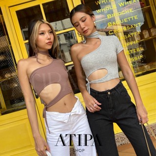 Atipashop - FERNA CROP เสื้อครอป ครอป ทรงแขนสั้น ปาดไหล่ ผูกคอ มีหลายสีให้เลือก