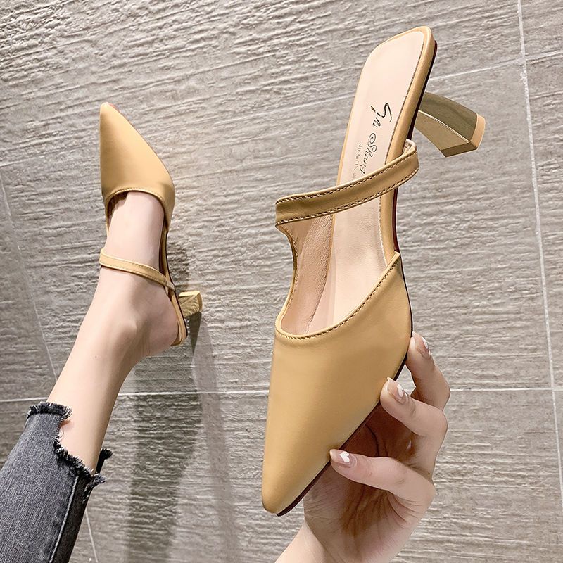 พร้อมส่ง-รองเท้าแตะส้นสูงหนังสีดำ-รองเท้าส้นสูงสไตล์เกาหลี-สีทึบ-ส้นกริช-นิ้วเท้าชี้-คัตเอาท์-สง่างาม-หวาน-จัดเลี้ยง