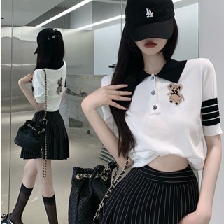 เสื้อยืดโปโล แขนสั้น ผ้าเรยอน ปักลาย สําหรับผู้หญิง
