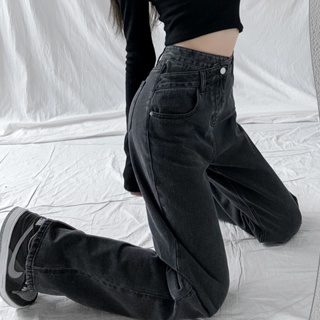 ♂ 🌸 XS-2XL กางเกงยีนส์ขากว้างสีเทาสีดำผู้หญิงฤดูใบไม้ผลิและฤดูใบไม้ร่วงใหม่หลวมเอวสูงตรงซับกางเกงออกแบบกางเกง