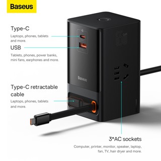 Baseus 65W แกลเลียมไนไตรด์ usb ชาร์จเร็ว รางปลั๊กไฟ บอร์ดมาพร้อมหัวชาร์จสายไฟ ซ็อกเก็ตรางปลั๊กไฟเดสก์ท็อป สํานักงาน