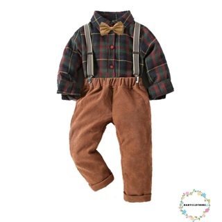 Babyclothes- ชุดเสื้อเชิ้ต แขนยาว ลายสก๊อต พร้อมกางเกง ประดับโบว์ ฤดูใบไม้ร่วง สําหรับเด็กผู้ชาย