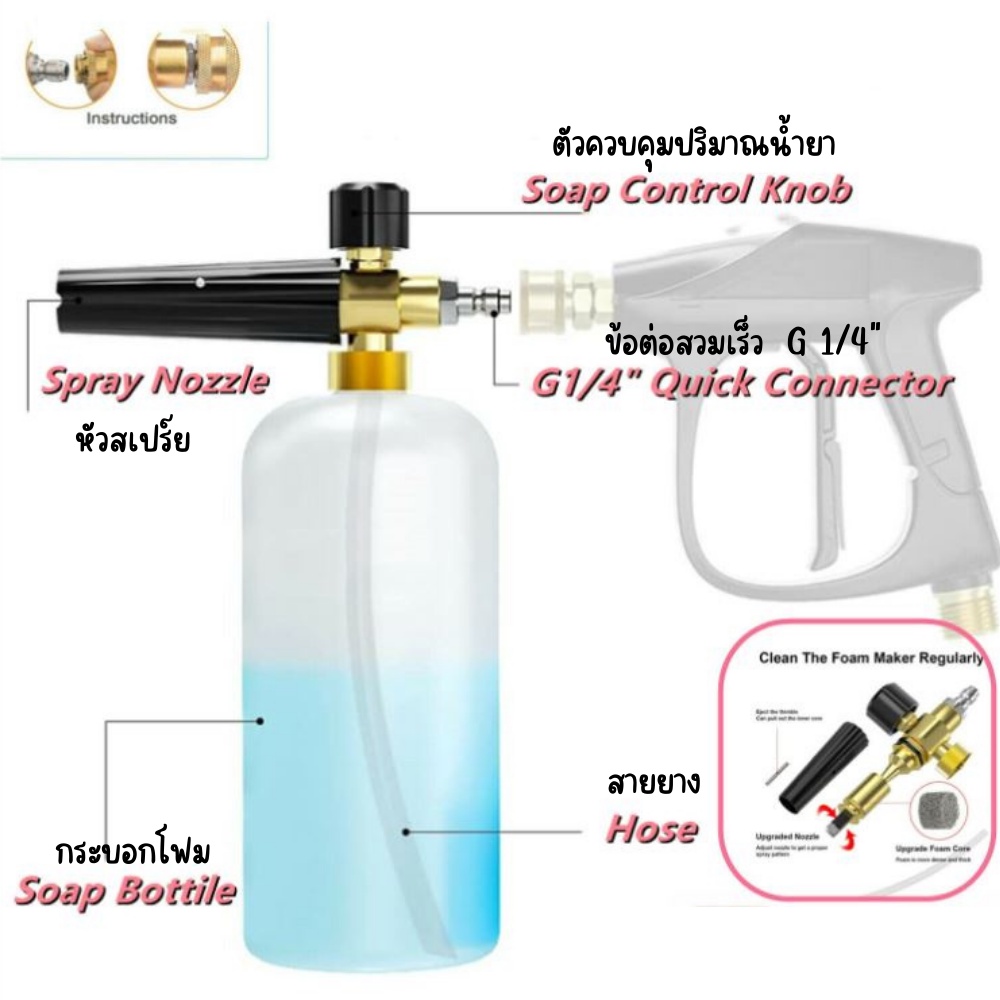 กระบอกฉีดโฟม-1-4-หัวฉีดโฟม-กระบอกฉีดโฟมล้างรถยนต์-กระบอกฉีดโฟม-ฟองหิมะ-อุปกรณ์ล้างรถ-สำหรับเครื่องฉีดน้ำแรงดันสูง