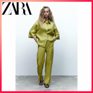 Zara ฤดูใบไม้ร่วง ใหม่ ผู้หญิง ผ้าลินิน หลวม ลําลอง เสื้อเชิ้ตคอปก + กางเกงสูท